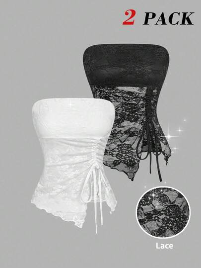 SHEIN MOD 女士纯色无肩带修身抽绳下摆开衩吊带背心，适合派对、毕业典礼、浪漫、夏季、节日、乡村风、海滩度假、下午茶、端庄、舞会等场合。