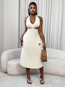 Xyvia Sexy Sequin Patchwork Backless Halter Knit Dress, Summer - Apricot - View 1