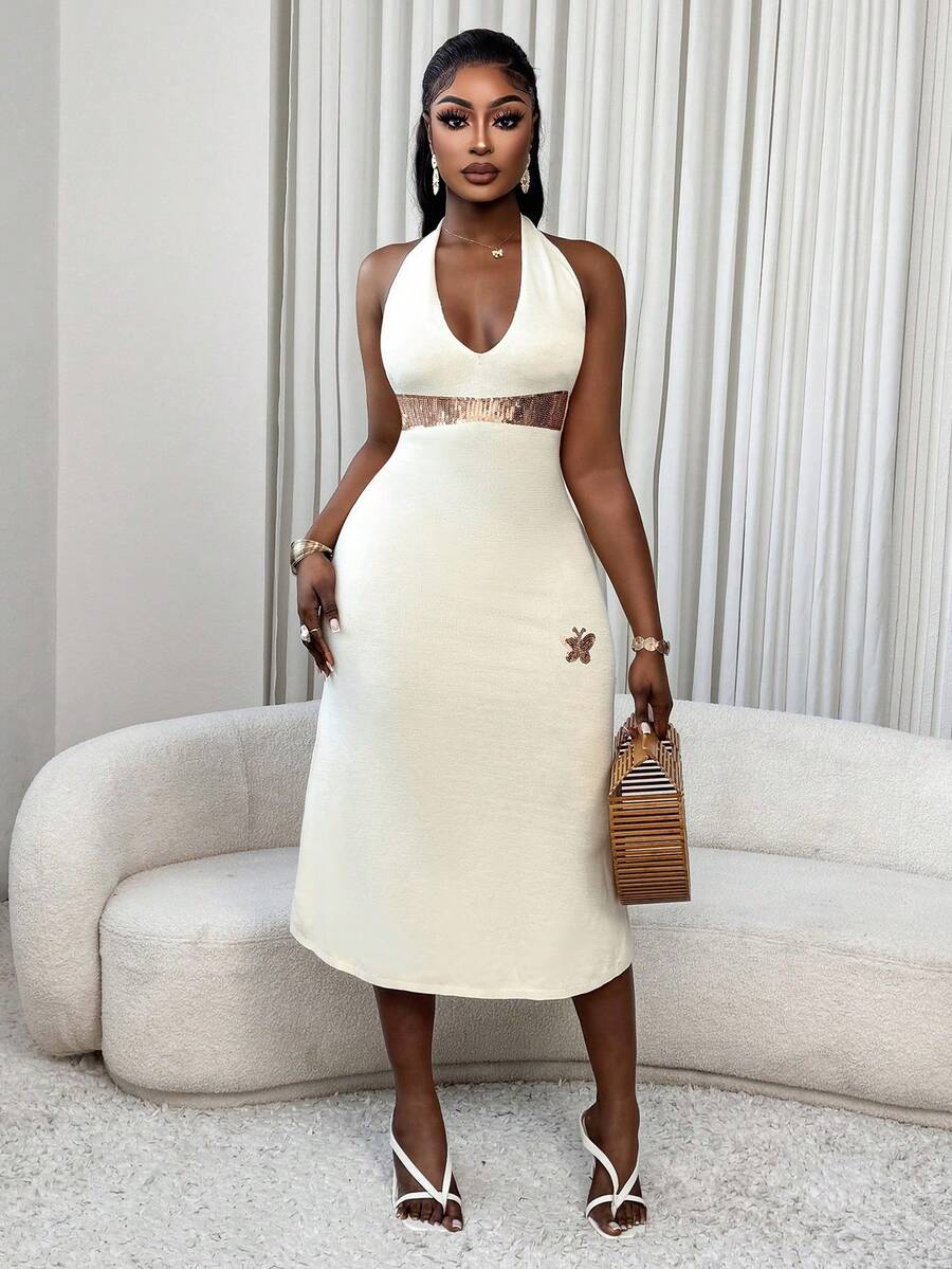 Xyvia Sexy Sequin Patchwork Backless Halter Knit Dress, Summer - Apricot - View 1