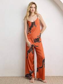 Ocili Bohemian Satin Leopard Animal Lace Minimalist Draped Neck 2-Piece Set, Spaghetti Strap Long Pants, Comfortable Women Sleepwear Pajama Set - Coral Orange - View 6