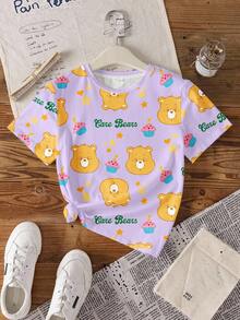 SHEIN X Care Bears 少女休闲小熊印花短袖T恤 - 白色 - 查看 7