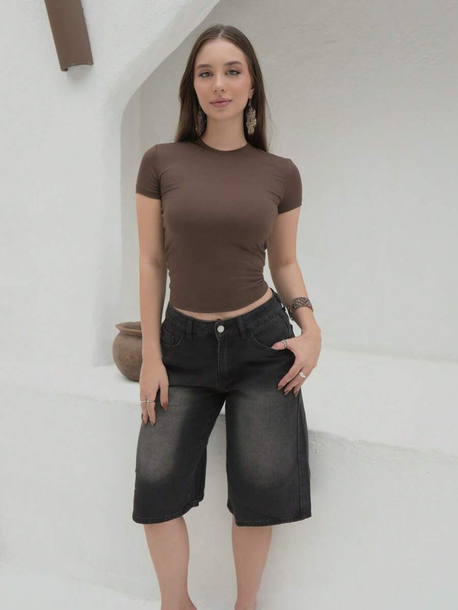 Duda Rubert 1 buah Kaos Wanita Polos Kerah Bulat Lengan Pendek Pas Badan, Sederhana & Modis, Cocok untuk Musim Panas - Coffee Brown - View 1