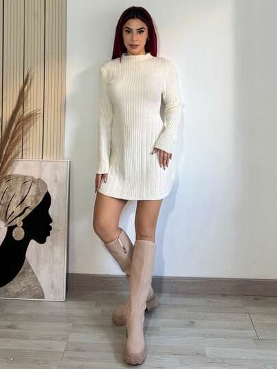 Bearsaez 女式罗纹高领长袖紧身 A 字连衣裙，修身收腰