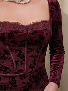 Bris Aura 女士新款秋冬长裙，方领长袖修身连衣裙，酒红色植绒连衣裙，优雅性感派对连衣裙，下午茶连衣裙，约会连衣裙 - 酒紅色 - 查看 6