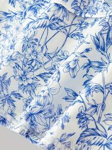 SHEIN MOD Chân váy thời trang nữ in hoa, phối họa tiết, xếp ly, viền bèo - Xanh và trắng - Xem 5