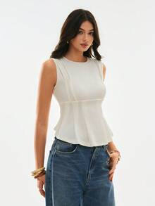 Poéselle 女士纯色圆领褶皱休闲日常T恤 - 杏色 - 查看 6