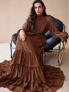 Arave Vestido largo de gasa holgado y elegante para mujer con cuello alto y dobladillo con volantes en capas, adecuado para citas - Óxido marrón - Ver 10
