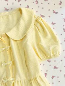 Elamini 女士泡泡袖衬衫，饰有黄色蝴蝶结，A字版型，彼得潘领，春夏款，波西米亚海滩风，甜美可爱，适合度假、返校、休闲等各种场合，百搭单品。 - 黃色 - 查看 5