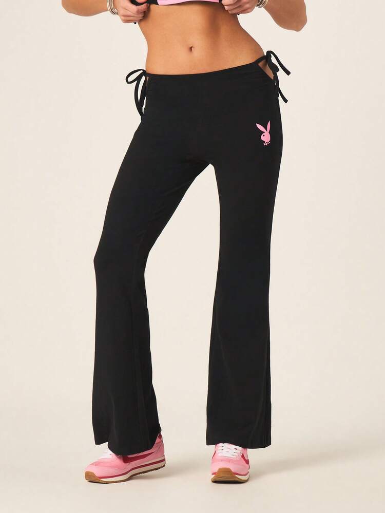 Missguided x Playboy Cut Out Tie Side Flared Leggings Women's High Rise Bell Bottom Yoga Pants With Pink Bunny Logo