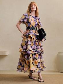 女士雪纺数码印花面料，圆领花瓣袖短袖收腰多层蛋糕设计优雅约会连衣裙 - 紫色 - 查看 6