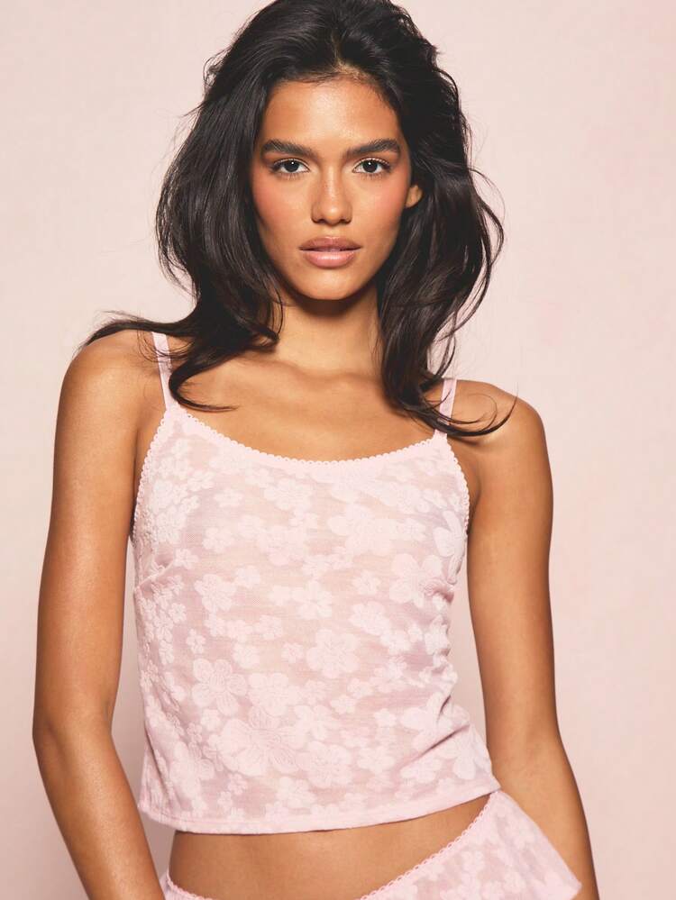 MISSGUIDED Light Pink Floral Lace Cami Vest And Frill Brief Lingerie Set For Intimate Occasions