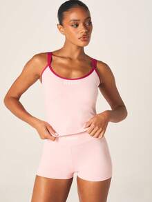 Missguided x Playboy Double Strap Fitted Cami Tank Top With Contrast Trim Athletic Sleeveless Summer Active Workout Top - Pink - View 5