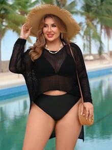 Swim Lushoire Plus Size Women Swimsuit Cover Up, Hollow Out Beach Dress With Short Front And Long Back Sleeves - Black - View 4