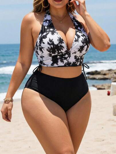 Swim Lushoire Conjunto de bikini de talla grande con parte superior de atar en el cuello y Bottom de unicolor, estilo tie-dye para carnaval de verano en la playa