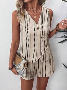 SHEIN LUNE Ladies Weave A Casual Striped Summer Two Pieces Set - Apricot - View 3