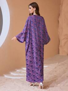 Al Najma Women's Square Neck Sparkly Rhinestone Embellished Loose Traditional Dress For Formal Events, Kaftan & Jalabiya,Modest - Purple - View 2