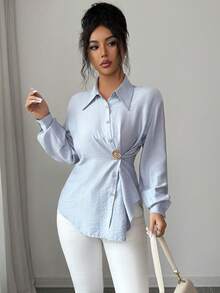 Modelyn Áo sơ mi dài tay nữ màu trơn, cài cúc phía trước, xếp ly, kiểu dáng thường ngày. - Màu xanh lam - Xem 3