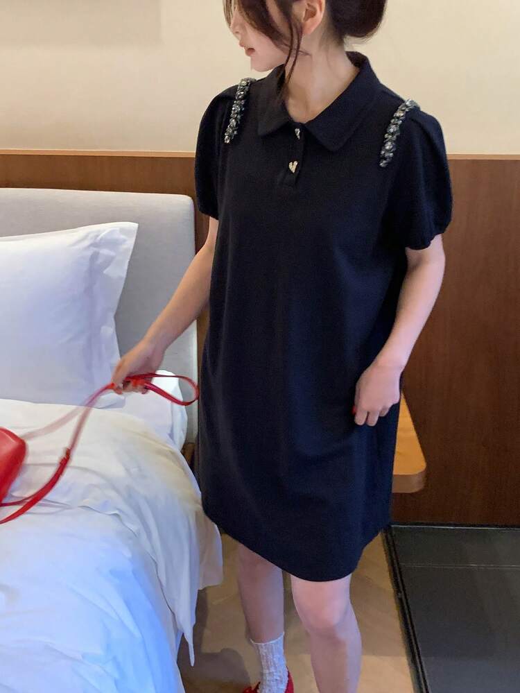 Women's Black Elegant Polo Collar Dress