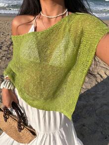 Sunnyshic 女士绿色镂空露肩休闲轻薄针织披肩，适合夏季度假 - 綠色 - 查看 3