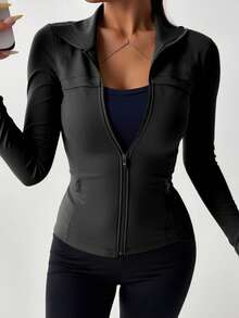 DAZY Sports Running Yoga Fitted Long Sleeve Jacket - Black - View 2