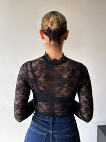 Mélanie ORL 女士花卉蕾丝立领长袖性感透视紧身衣 - 黑色 - 查看 2