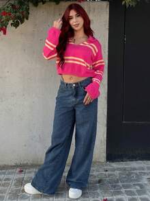 Bearsaez New Early Autumn, Autumn And Winter Back-To-School Season, Music Festival, Carnival, Casual Street Style, Sexy Daily Date, Popular Online Celebrity Outfits, Casual Elegance, Commuting, OL Style, Fake Style, POLO Neck, V-Neck, Long-Sleeved, Loose Fit, Short Yellow, Rose Red Striped Pullover, Sweater, Knitted Top, Women's Sweater Office Wear Back To School Rave Outfits Festival - Hot Pink - View 4