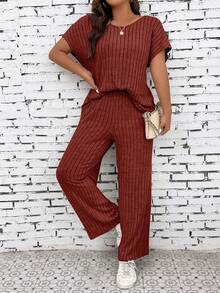 EMERY ROSE Women's Round Neck Striped Short Sleeve Top And Wide Leg Pants Casual 2 Pieces Set - Burgundy - View 4