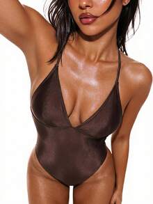 Oceva Maillot de bain une pièce sexy et à la mode pour femmes, dos nu, bretelles fines, décolleté plongeant, couleur unie, pour la plage, les loisirs, les vacances, le bord de mer, le spa. Maillot de bain pour femmes - Tabac - Voir 1