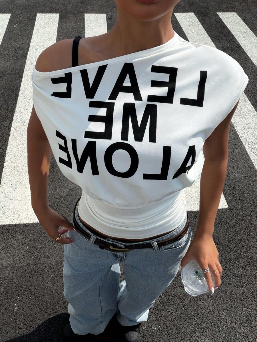 Muchica White Knit Letter Print Asymmetric Collar Short Sleeve Top - White - View 1