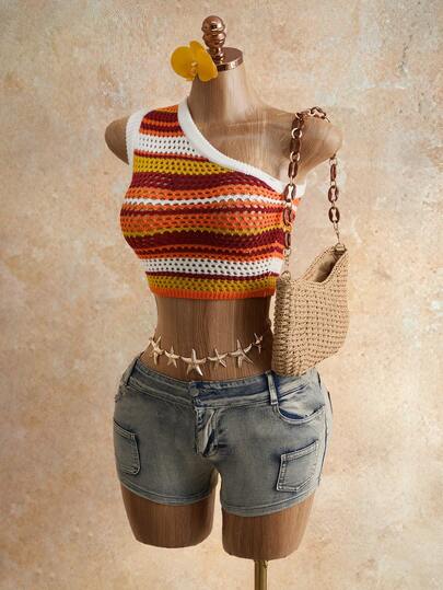 Mistrie 新款女士多色条纹镂空无袖针织上衣