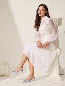 CUCCOO CHICEST 女士鞋 蓝色缎面网眼拼接蝴蝶结春夏时尚优雅猫跟圆头拖鞋 - 藍色 - 查看 8