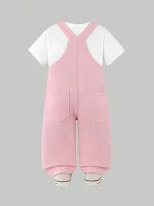 Baby Girls Denim Casual Heart Embroidery Washed Denim Bib Pants, Loose Fit Romper For Baby Girl - Pink - View 2