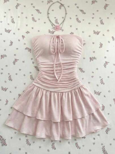 Elamini Vestido mini de mujer de rayas blancas y rosas con pliegues, casual de verano para vacaciones