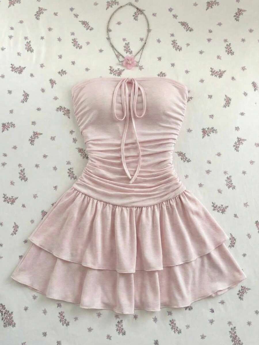 Elamini Vestido mini de mujer de rayas blancas y rosas con pliegues, casual de verano para vacaciones - Multicolor - Ver 1