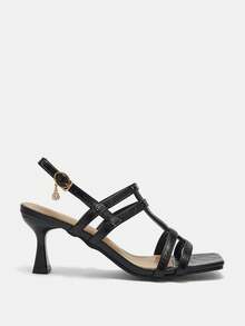 女士时尚新款迷彩、牛油果绿、黑色、白色、棕色、金色、紫色、裂纹、红色、杏色系带方头罗马高跟凉鞋 - 黑色 - 查看 9