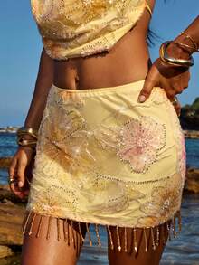 Opulessa Summer Spring Going Out Festival Party Wedding Graduation Prom Elegant Women's Vacation Beach Beaded Floral Sequin Mesh Tassel Hem Skirt - Yellow - View 6