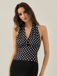 Gaivellea Women's Elegant Deep V Polka Dot Print Hollow Out Fitted Blouse - Black and White - View 3