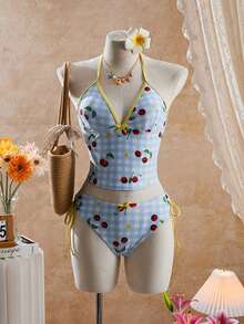 Swim Mod Women's Vacation Beach Plaid & Cherry Print Tankini Set - Multicolor - View 5