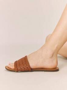 Styleloop Stylish Woven Sandals With Flat Bottom, Comfortable Mule Sandals, Holiday Style Sandals, Flat Sandals, Beach Sandals - Camel - View 3