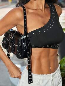 Denimoi 女士铆钉露肩休闲上衣，适合约会和外出穿着 - 黑色 - 查看 2