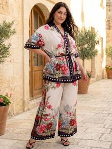 ELLERISSA 大码曲线两件套女装，复古印花V领短袖系带上衣搭配阔腿裤，优雅春夏度假休闲装，大码两件套女装，波西米亚风印花套装 - 彩色 - 查看 5