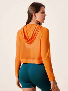 SHEIN Sports Core Rhythm 女士网眼拼接运动衫 - 长袖连帽运动上衣，带抽绳，适合训练、健身和瑜伽 - 橘色 - 查看 2