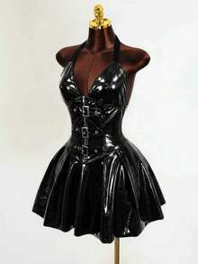 Mistrie 新款性感辣妹风 YK2 厚重 V 领漆皮 PU 皮革全长连衣裙，带帽领，露背，低领口，合身腰部和宽裙，朋克风格女装，女士街头服饰，适合夜总会、音乐节、万圣节服装 - 黑色 - 查看 3