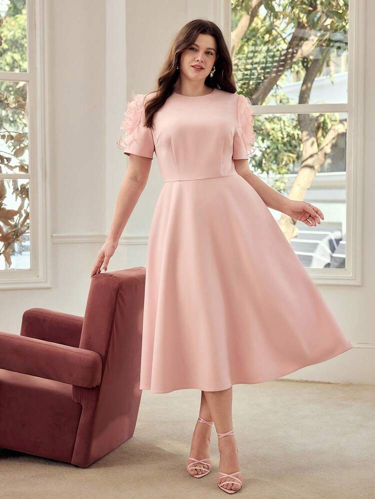 PLUS SIZE WOMEN'S SPRING/SUMMER 3D FLORAL SHORT SLEEVE A-LINE MIDI DRESS