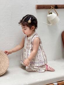 DAZY Baby Girl Casual Floral Print Sleeveless Shirt And Pants Set, Summer - Apricot - View 4