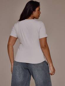 MUSERA Plus Size  Fitted Short Sleeve Top Spring Summer Vacation Holiday Cute Y2k Festival Ibiza Casual Y2K Social - Grey - View 2