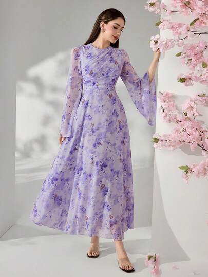 Veilorie Summer Ditsy Floral Waist Ruched Long Flare Sleeve Arabic Style Dress For Women