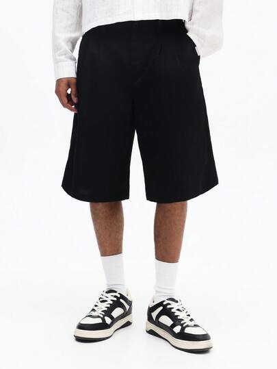 SUMWON Men's Loose Fit Relaxed Casual Summer Bermuda Length Regular Shorts With Side Pockets Elastic Waistband Black Everyday Wear