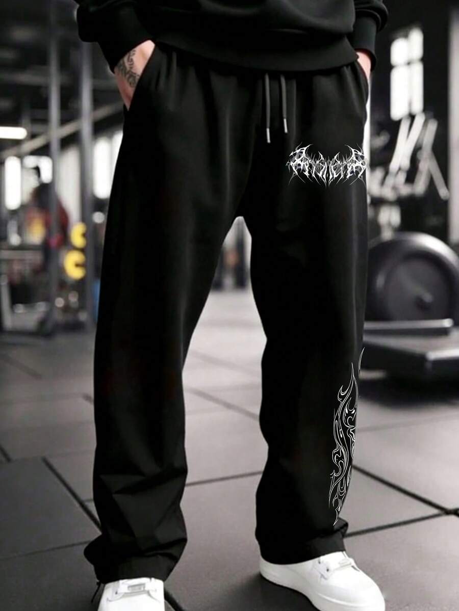 GymBeat 男士哥特印花抽绳腰带口袋运动裤 - 黑色 - 查看 1