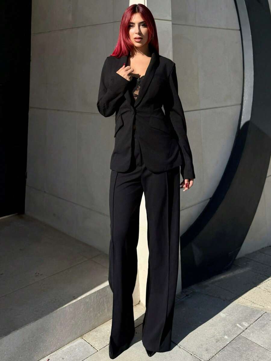 Bearsaez 女士优雅单排扣缺口翻领西装外套和裤子套装秋冬女装办公室服装 - 黑色 - 查看 1